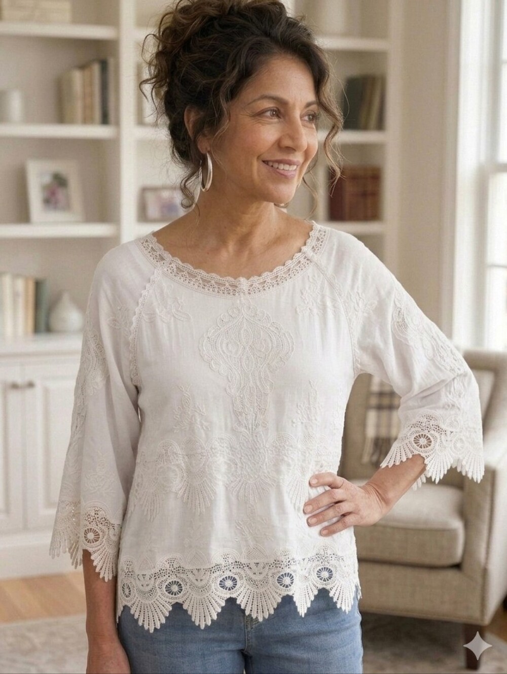 Leo & Nicole Boxy Cut Peasant Blouse with Lace and Crochet Boho Romantic M